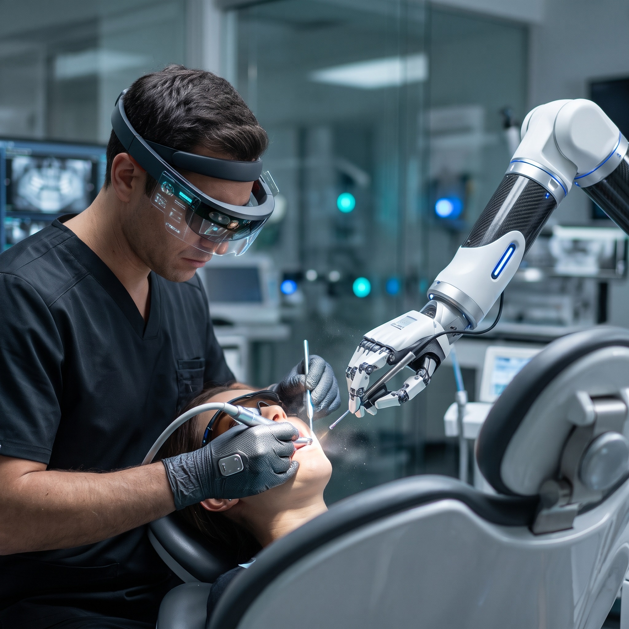 Dentist consulting with a patient in a modern, connected dental practice